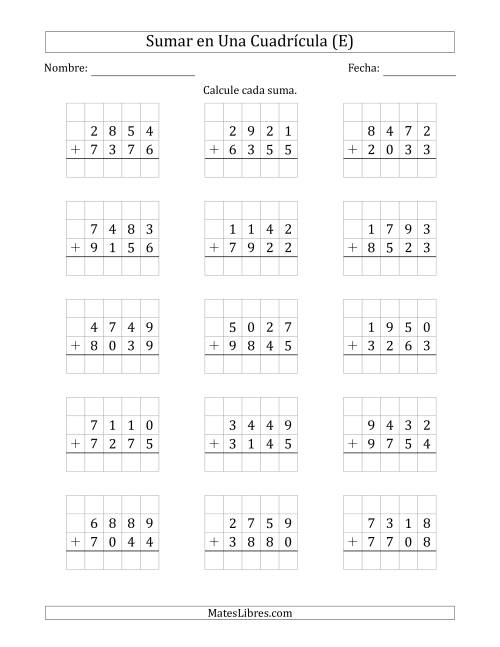 La hoja de ejercicios de Sumar Un Número de Cuatro Dígitos y Un Número de Cuatro Dígitos en Una Cuadrícula (E)