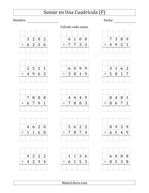 La hoja de ejercicios de Sumar Un Número de Cuatro Dígitos y Un Número de Cuatro Dígitos en Una Cuadrícula (F)