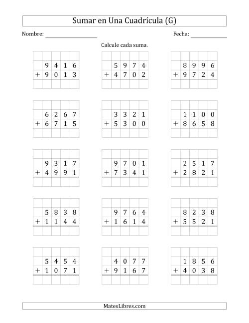 La hoja de ejercicios de Sumar Un Número de Cuatro Dígitos y Un Número de Cuatro Dígitos en Una Cuadrícula (G)