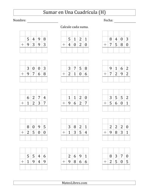 La hoja de ejercicios de Sumar Un Número de Cuatro Dígitos y Un Número de Cuatro Dígitos en Una Cuadrícula (H)