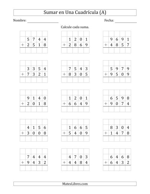 La hoja de ejercicios de Sumar Un Número de Cuatro Dígitos y Un Número de Cuatro Dígitos en Una Cuadrícula (Todas)