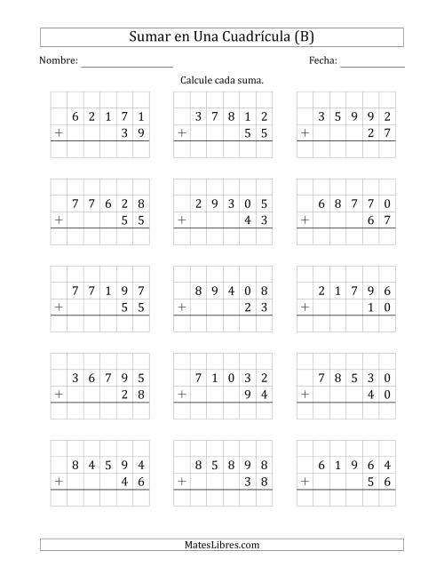 La hoja de ejercicios de Sumar Un Número de Cinco Dígitos y Un Número de Dos Dígitos en Una Cuadrícula (B)