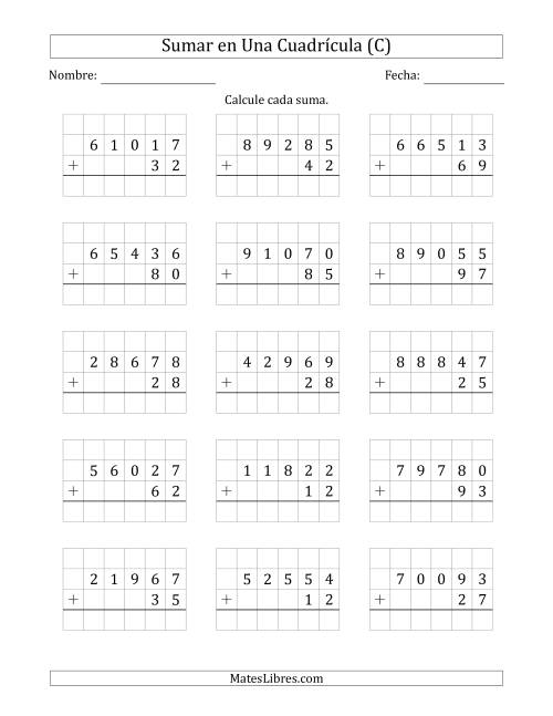 La hoja de ejercicios de Sumar Un Número de Cinco Dígitos y Un Número de Dos Dígitos en Una Cuadrícula (C)