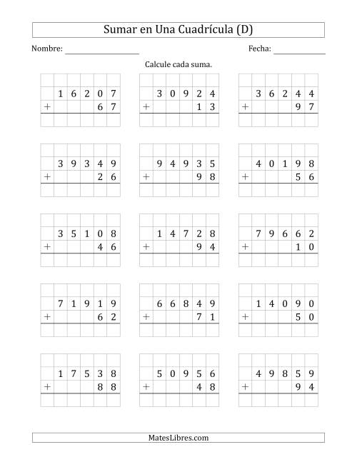 La hoja de ejercicios de Sumar Un Número de Cinco Dígitos y Un Número de Dos Dígitos en Una Cuadrícula (D)