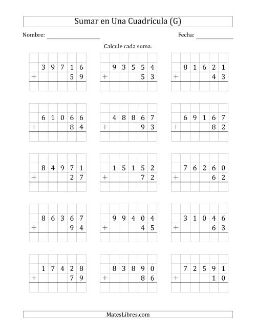 La hoja de ejercicios de Sumar Un Número de Cinco Dígitos y Un Número de Dos Dígitos en Una Cuadrícula (G)