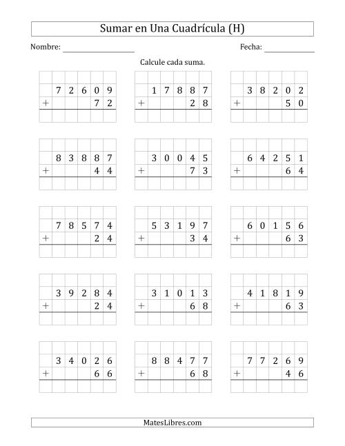 La hoja de ejercicios de Sumar Un Número de Cinco Dígitos y Un Número de Dos Dígitos en Una Cuadrícula (H)