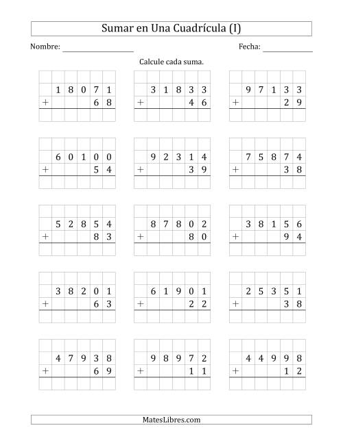 La hoja de ejercicios de Sumar Un Número de Cinco Dígitos y Un Número de Dos Dígitos en Una Cuadrícula (I)