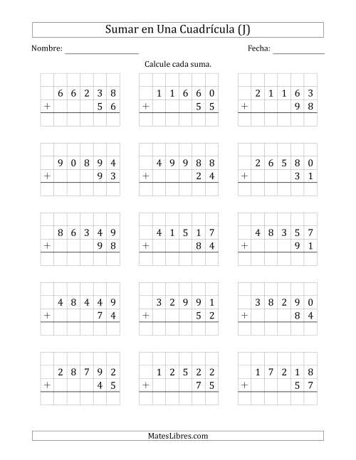 La hoja de ejercicios de Sumar Un Número de Cinco Dígitos y Un Número de Dos Dígitos en Una Cuadrícula (J)