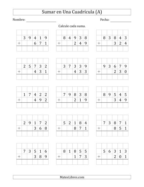 La hoja de ejercicios de Sumar Un Número de Cinco Dígitos y Un Número de Tres Dígitos en Una Cuadrícula (A)