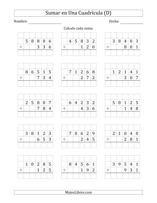 La hoja de ejercicios de Sumar Un Número de Cinco Dígitos y Un Número de Tres Dígitos en Una Cuadrícula (D)