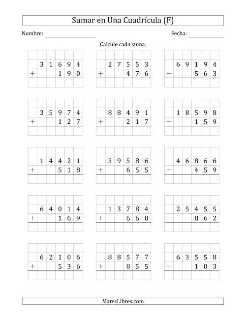 La hoja de ejercicios de Sumar Un Número de Cinco Dígitos y Un Número de Tres Dígitos en Una Cuadrícula (F)