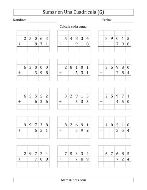 La hoja de ejercicios de Sumar Un Número de Cinco Dígitos y Un Número de Tres Dígitos en Una Cuadrícula (G)