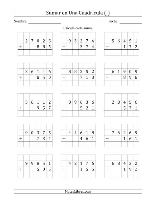 La hoja de ejercicios de Sumar Un Número de Cinco Dígitos y Un Número de Tres Dígitos en Una Cuadrícula (J)