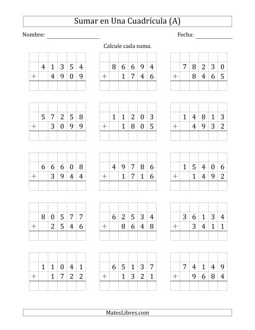 La hoja de ejercicios de Sumar Un Número de Cinco Dígitos y Un Número de Cuatro Dígitos en Una Cuadrícula (A)