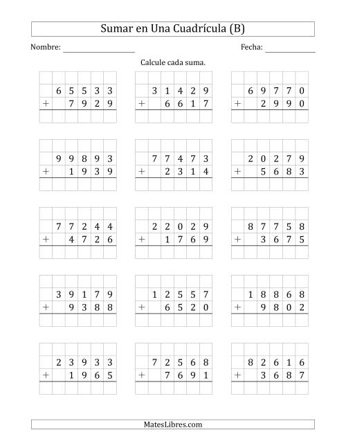 La hoja de ejercicios de Sumar Un Número de Cinco Dígitos y Un Número de Cuatro Dígitos en Una Cuadrícula (B)