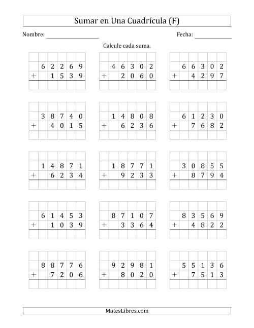 La hoja de ejercicios de Sumar Un Número de Cinco Dígitos y Un Número de Cuatro Dígitos en Una Cuadrícula (F)