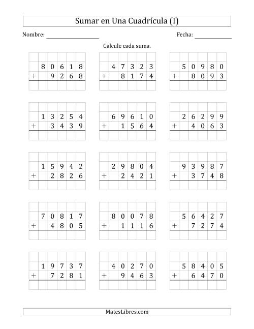La hoja de ejercicios de Sumar Un Número de Cinco Dígitos y Un Número de Cuatro Dígitos en Una Cuadrícula (I)
