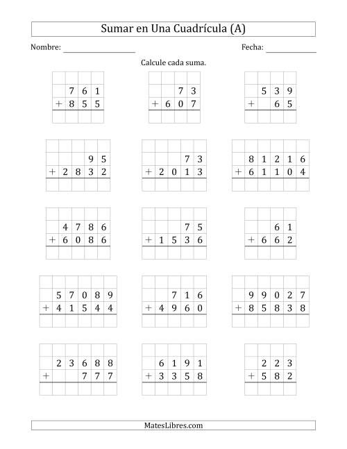 La hoja de ejercicios de Sumar Dos Números de Varios Dígitos en Una Cuadrícula (A)