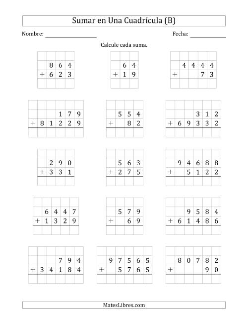 La hoja de ejercicios de Sumar Dos Números de Varios Dígitos en Una Cuadrícula (B)