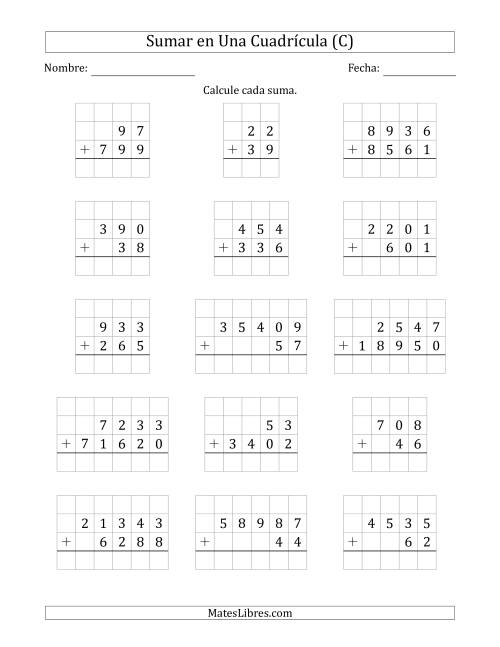 La hoja de ejercicios de Sumar Dos Números de Varios Dígitos en Una Cuadrícula (C)