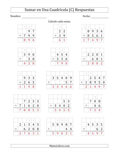La hoja de ejercicios de Sumar Dos Números de Varios Dígitos en Una Cuadrícula (C) Página 2