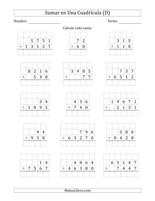 La hoja de ejercicios de Sumar Dos Números de Varios Dígitos en Una Cuadrícula (D)