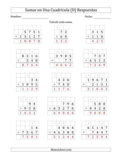 La hoja de ejercicios de Sumar Dos Números de Varios Dígitos en Una Cuadrícula (D) Página 2