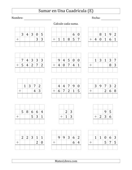 La hoja de ejercicios de Sumar Dos Números de Varios Dígitos en Una Cuadrícula (E)