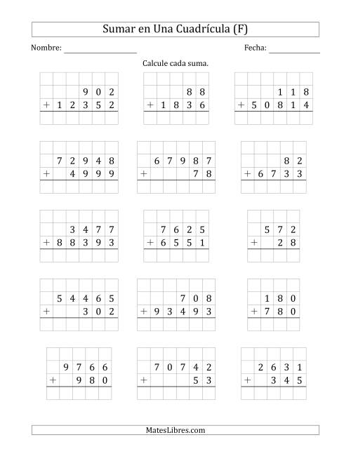 La hoja de ejercicios de Sumar Dos Números de Varios Dígitos en Una Cuadrícula (F)