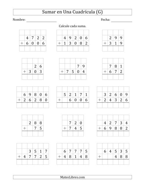 La hoja de ejercicios de Sumar Dos Números de Varios Dígitos en Una Cuadrícula (G)