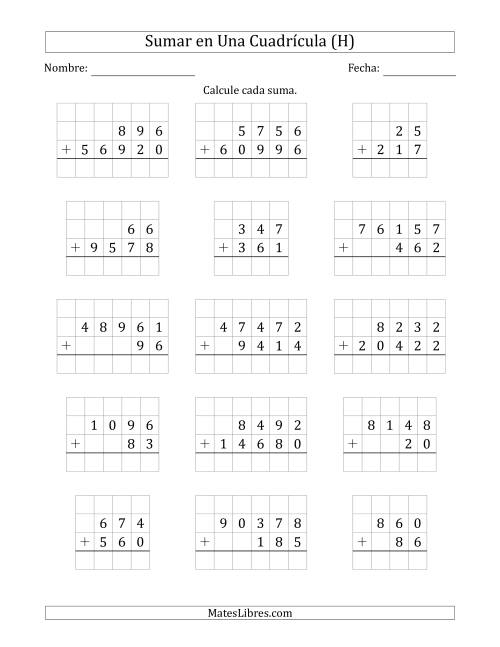 La hoja de ejercicios de Sumar Dos Números de Varios Dígitos en Una Cuadrícula (H)