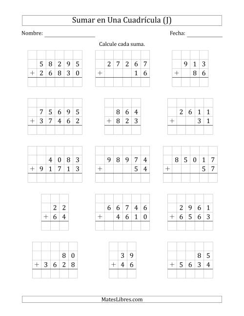 La hoja de ejercicios de Sumar Dos Números de Varios Dígitos en Una Cuadrícula (J)
