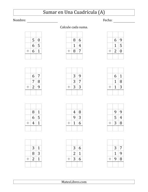 La hoja de ejercicios de Sumar Tres Números de Dos Dígitos en Una Cuadrícula (A)