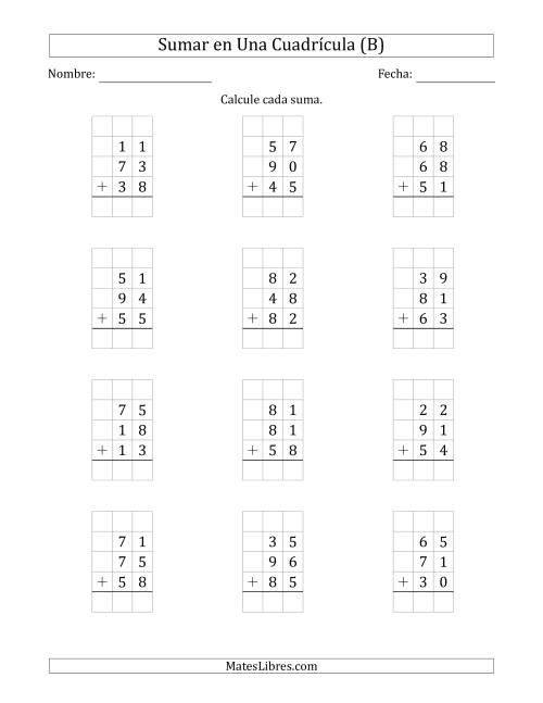 La hoja de ejercicios de Sumar Tres Números de Dos Dígitos en Una Cuadrícula (B)
