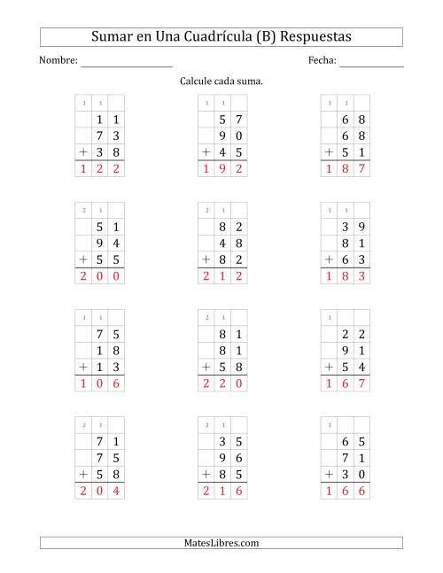 La hoja de ejercicios de Sumar Tres Números de Dos Dígitos en Una Cuadrícula (B) Página 2