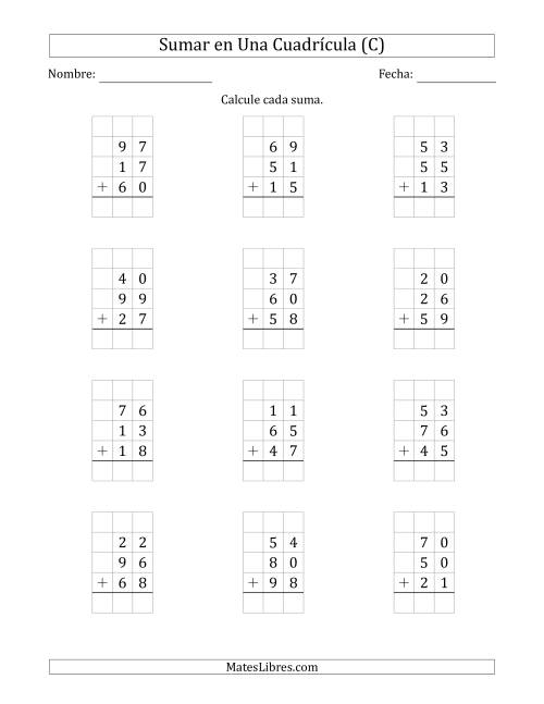 La hoja de ejercicios de Sumar Tres Números de Dos Dígitos en Una Cuadrícula (C)