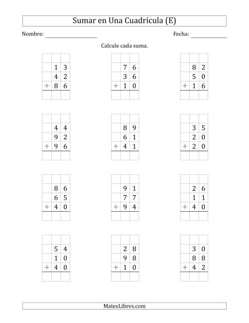 La hoja de ejercicios de Sumar Tres Números de Dos Dígitos en Una Cuadrícula (E)