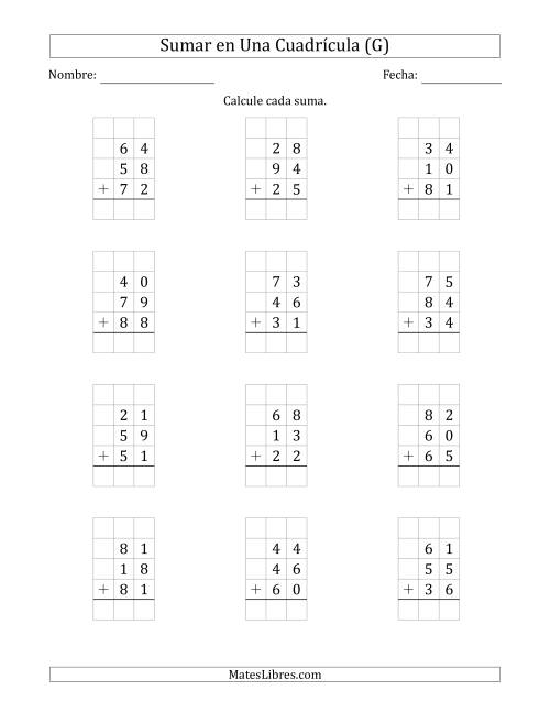 La hoja de ejercicios de Sumar Tres Números de Dos Dígitos en Una Cuadrícula (G)