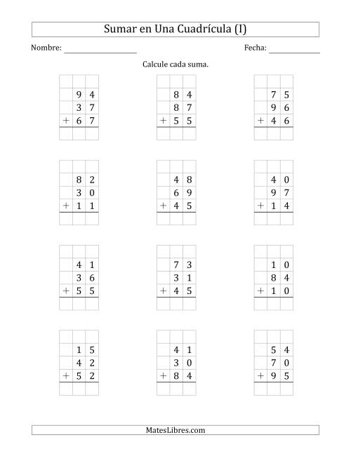 La hoja de ejercicios de Sumar Tres Números de Dos Dígitos en Una Cuadrícula (I)