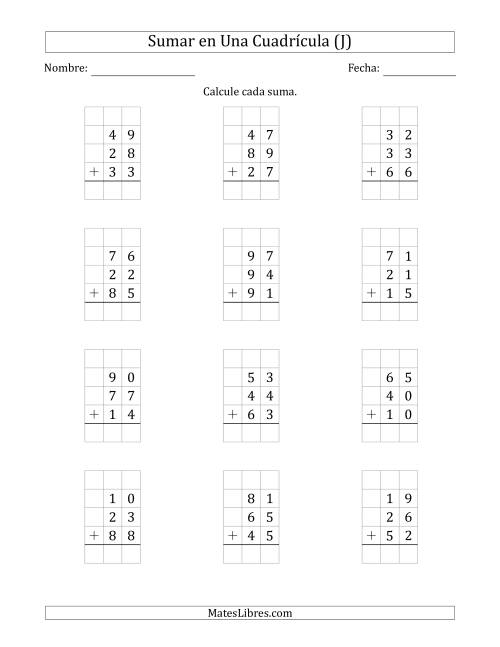 La hoja de ejercicios de Sumar Tres Números de Dos Dígitos en Una Cuadrícula (J)