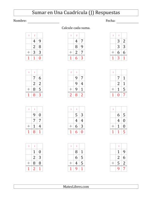 La hoja de ejercicios de Sumar Tres Números de Dos Dígitos en Una Cuadrícula (J) Página 2