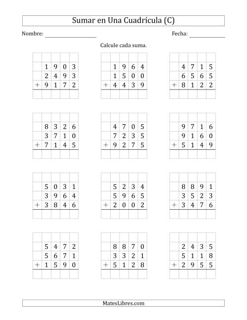 La hoja de ejercicios de Sumar Tres Números de Cuatro Dígitos en Una Cuadrícula (C)