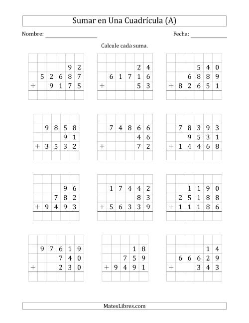 La hoja de ejercicios de Sumar Tres Números de Varios Dígitos en Una Cuadrícula (A)