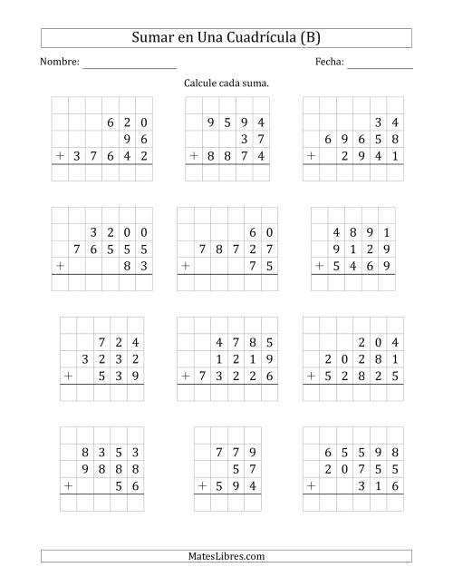 La hoja de ejercicios de Sumar Tres Números de Varios Dígitos en Una Cuadrícula (B)