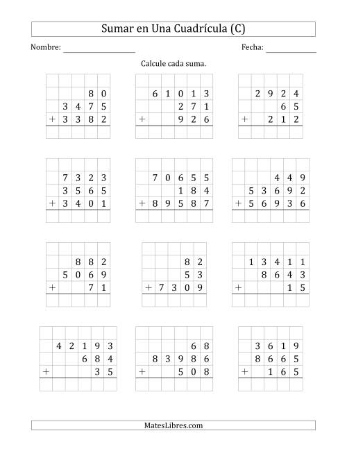 La hoja de ejercicios de Sumar Tres Números de Varios Dígitos en Una Cuadrícula (C)