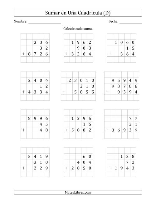 La hoja de ejercicios de Sumar Tres Números de Varios Dígitos en Una Cuadrícula (D)