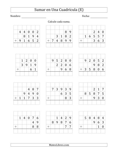 La hoja de ejercicios de Sumar Tres Números de Varios Dígitos en Una Cuadrícula (E)