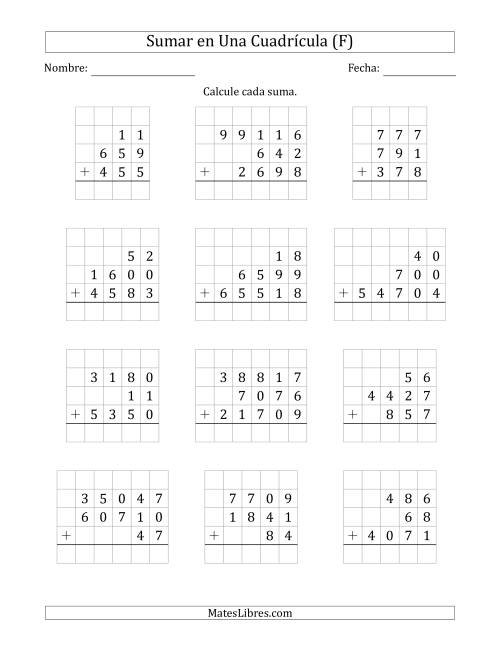 La hoja de ejercicios de Sumar Tres Números de Varios Dígitos en Una Cuadrícula (F)