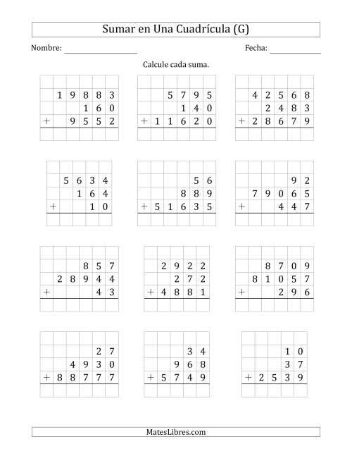 La hoja de ejercicios de Sumar Tres Números de Varios Dígitos en Una Cuadrícula (G)