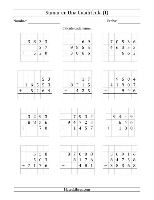 La hoja de ejercicios de Sumar Tres Números de Varios Dígitos en Una Cuadrícula (I)